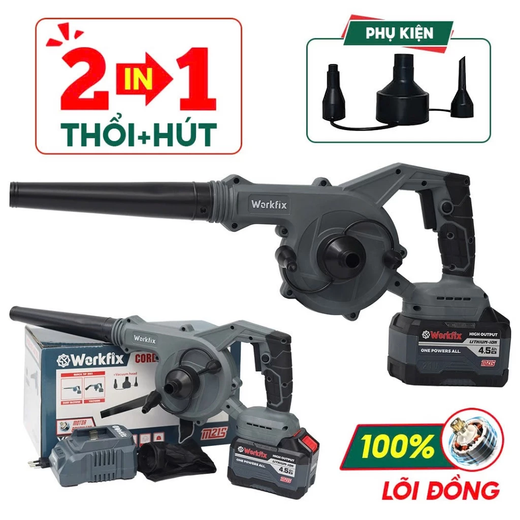 [Chính Hãng] Máy Thổi, Hút Bụi Workfix WF-AB775BL Chuyên Thổi Lá, Rác, Hút Bụi, Chân Pin Phổ Thông