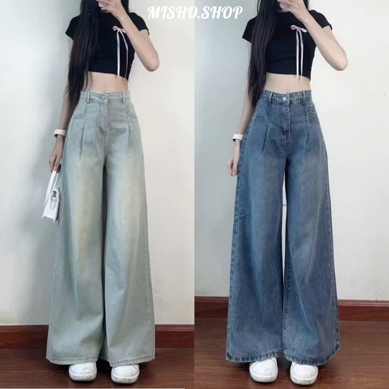 Quần Jeans Nữ Wash Xanh RETRO Ống Rộng Suông HARI Cạp Cao Tôn Dáng, Quần Bò Nữ Ống Suông Rộng Wash Ánh Bạc Đủ Size Màu