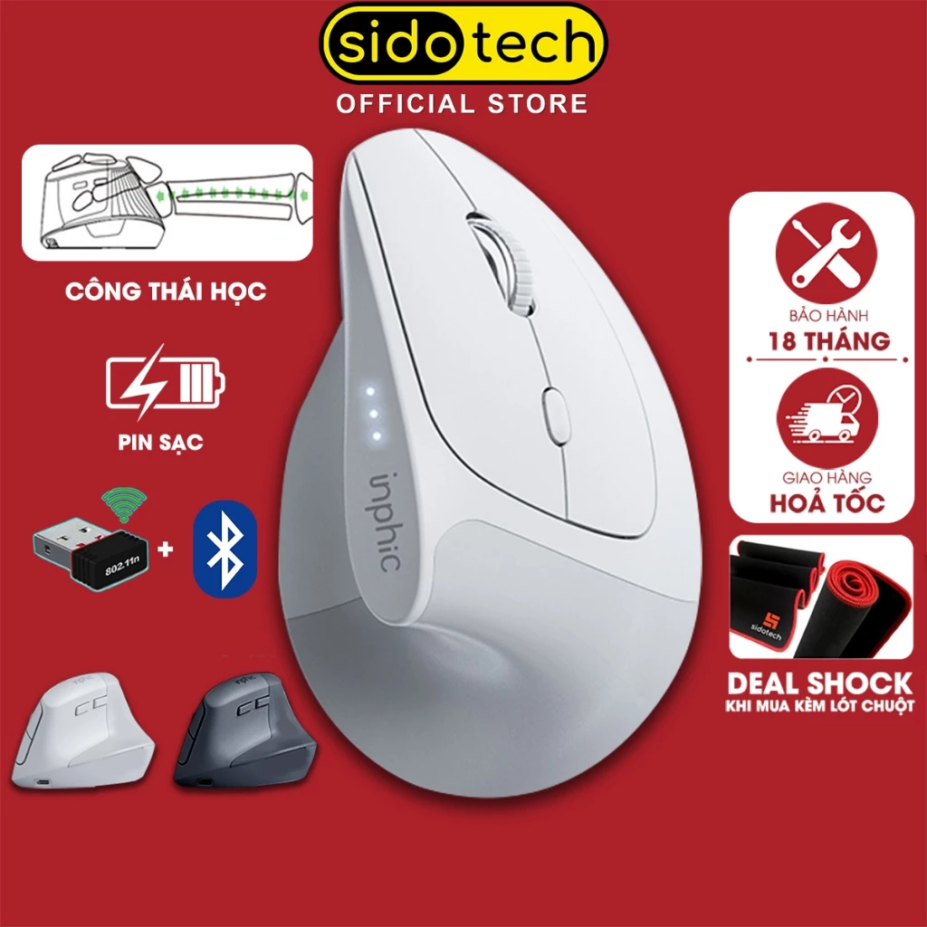 Chuột không dây công thái học SIDOTECH INPHIC X9 sạc pin bluetooth silent chống ồn Vertical Mouse wireless 2.4g máy tính