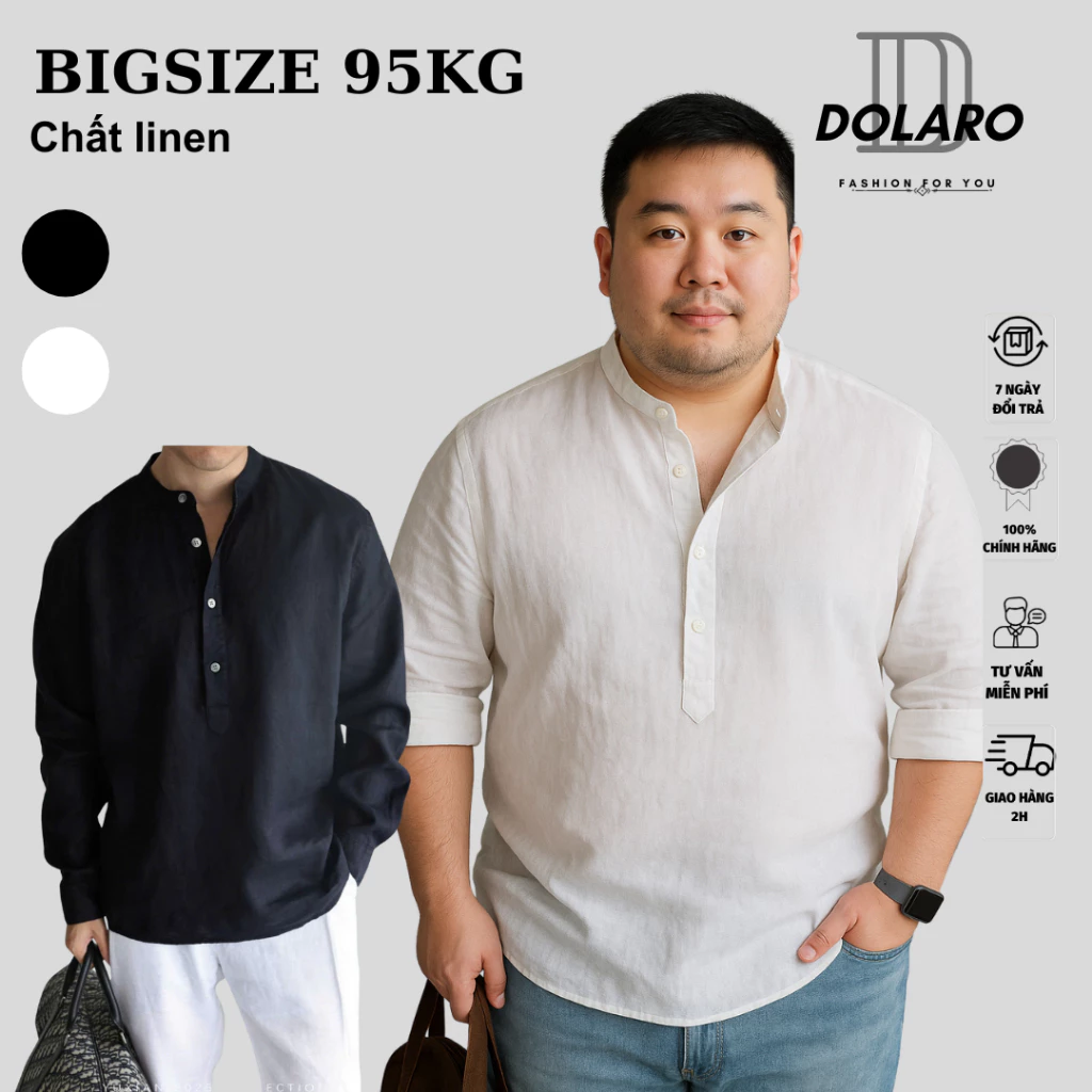 Áo Sơ Mi Kiểu Tay Dài Bigsize  kiểu nút 1/2 DOLARO Chất Linen,sơ mi trắng kiểu cổ trụ dáng rộng đi học, đi chơi