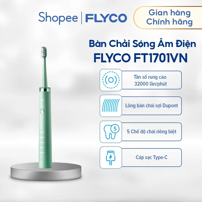 Bàn Chải Sóng Âm Điện Flyco FT1701VN Kháng Nước 5 Chế Độ Làm Sạch Chuẩn Nha Khoa - Hàng Chính Hãng