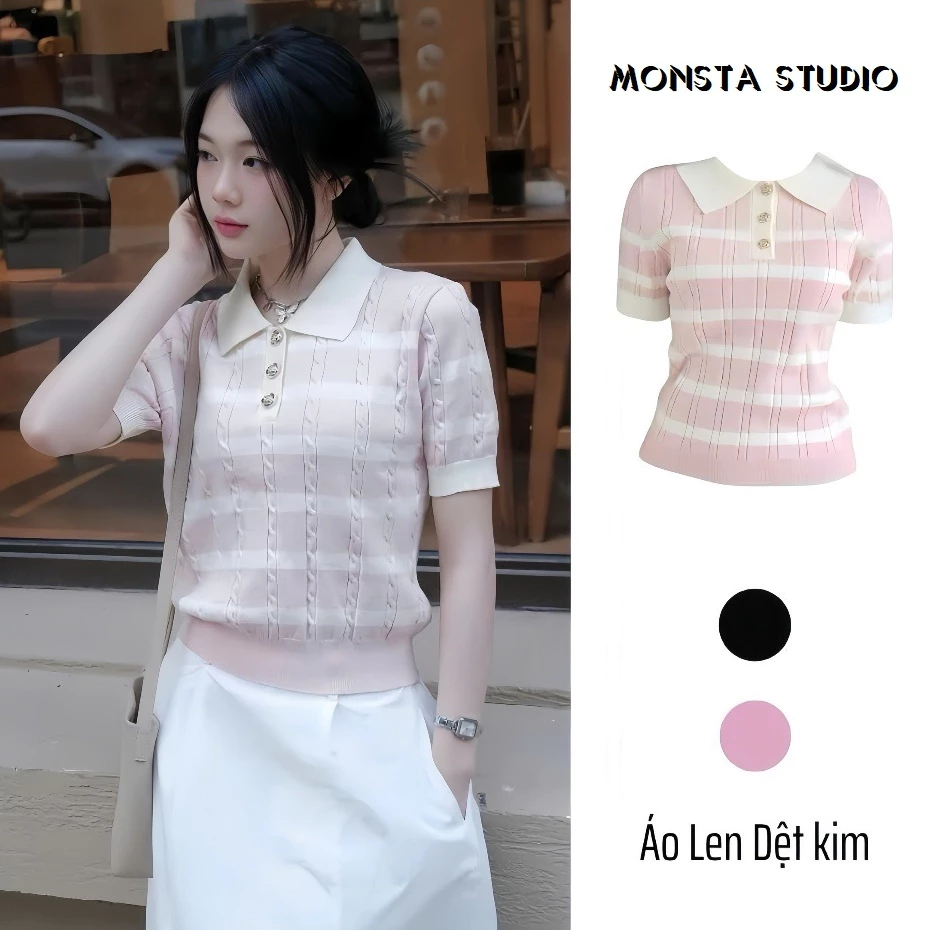 Áo Len Polo Nữ Sọc Ngang Hồng MONSTA Phối 3 Cúc Vàng Hoa Sen, Nữ Tính, Chất Len Dày Quảng Châu