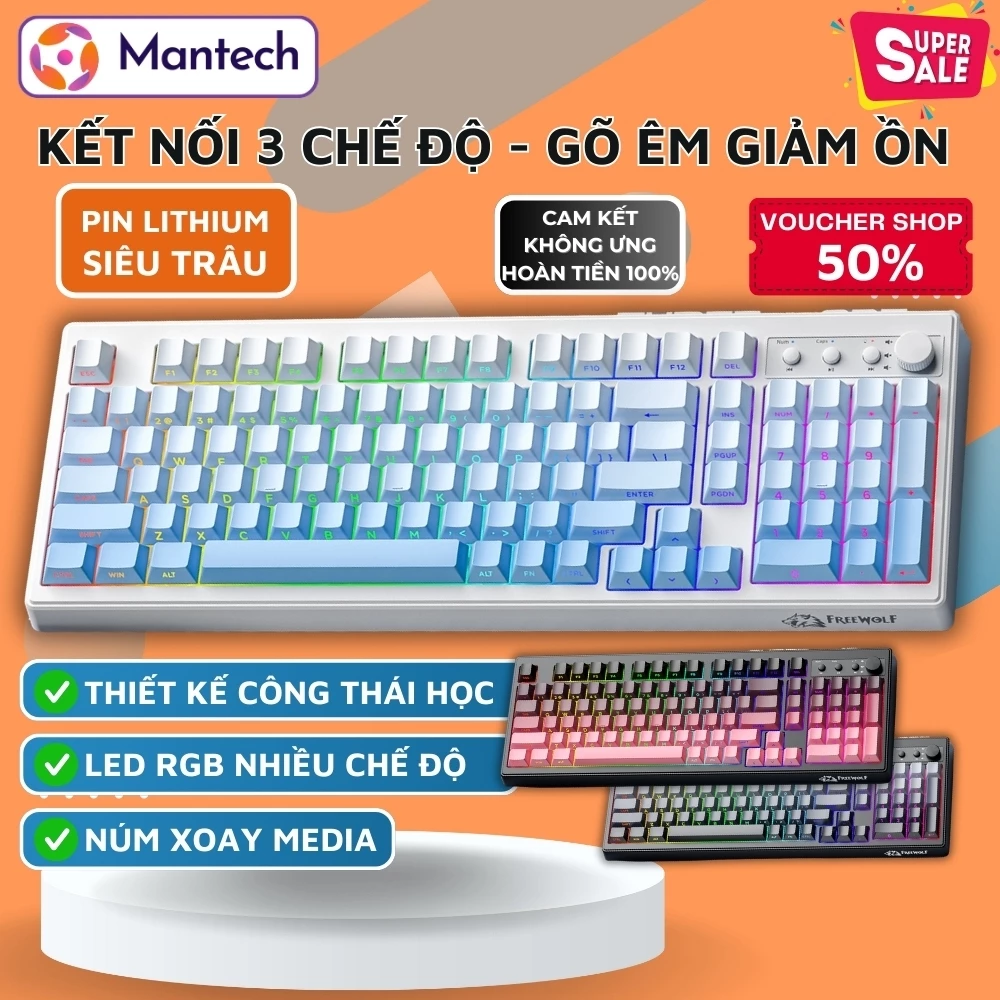 Bàn Phím Không Dây Free Wolf K100 – Led RGB, Pin 4.000mAh, Keycap PBT Xuyên Led, 3 Chế Độ Kết Nối