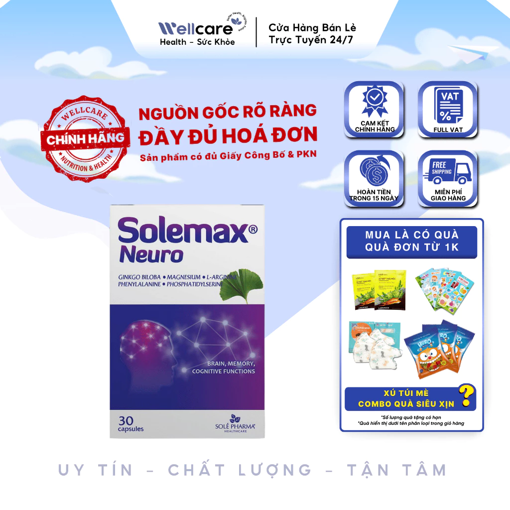 [✨CHÍNH HÃNG] Solemax Neuro hộp 30 viên - Viên Uống Hỗ Trợ Tuần Hoàn Máu Não Giảm Hoa Mắt Chóng Mặt Suy Giảm Trí Nhớ