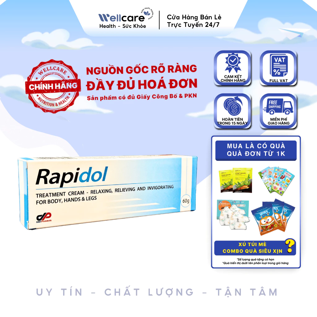 [✨CHÍNH HÃNG] Rapidol Tuýp 60g - Gel Kem Bôi Hỗ Trợ Giảm Đau Nhức Xương Khớp Viêm Khớp Và Đau Cơ