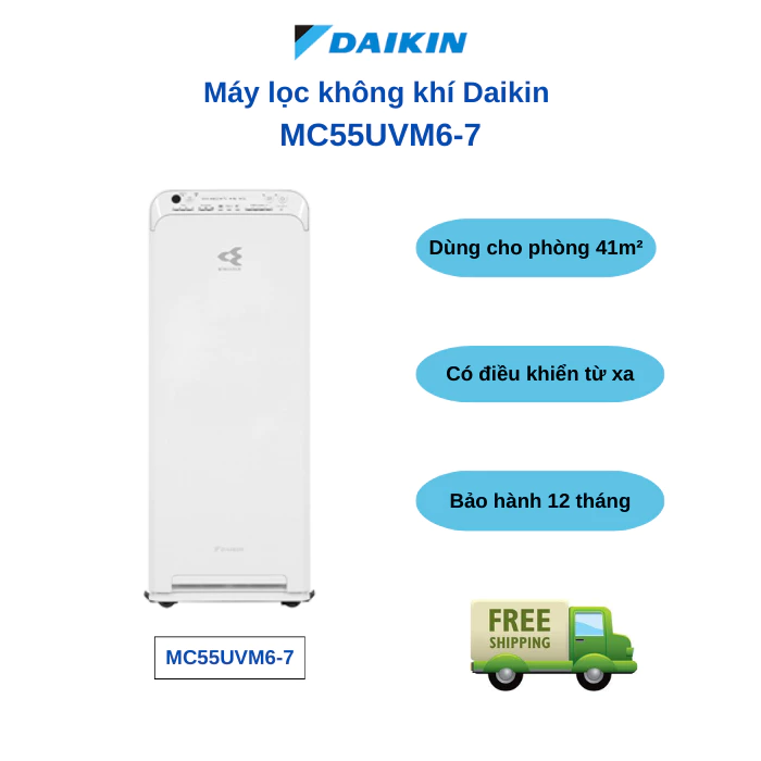 Máy lọc không khí Daikin MC55UVM6-7- Dùng cho 41m2, có điều khiển từ xa - Tặng áo mưa Daikin -Bảo hành tại nhà 12 tháng.
