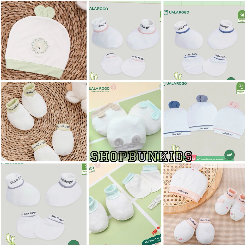 Mũ sơ sinh, bao tay bao chân sơ sinh Uala Rogo vải sợi tre - Phụ kiện sơ sinh