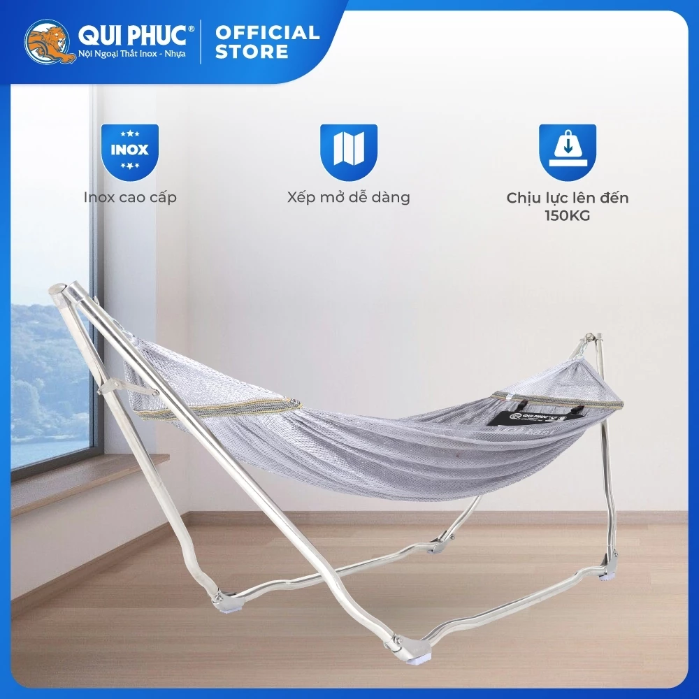 Võng xếp inox cao cấp Deli Lani QUI PHÚC, xếp gọn tiện lợi, khung inox chắc chắn, chịu tải 200kg