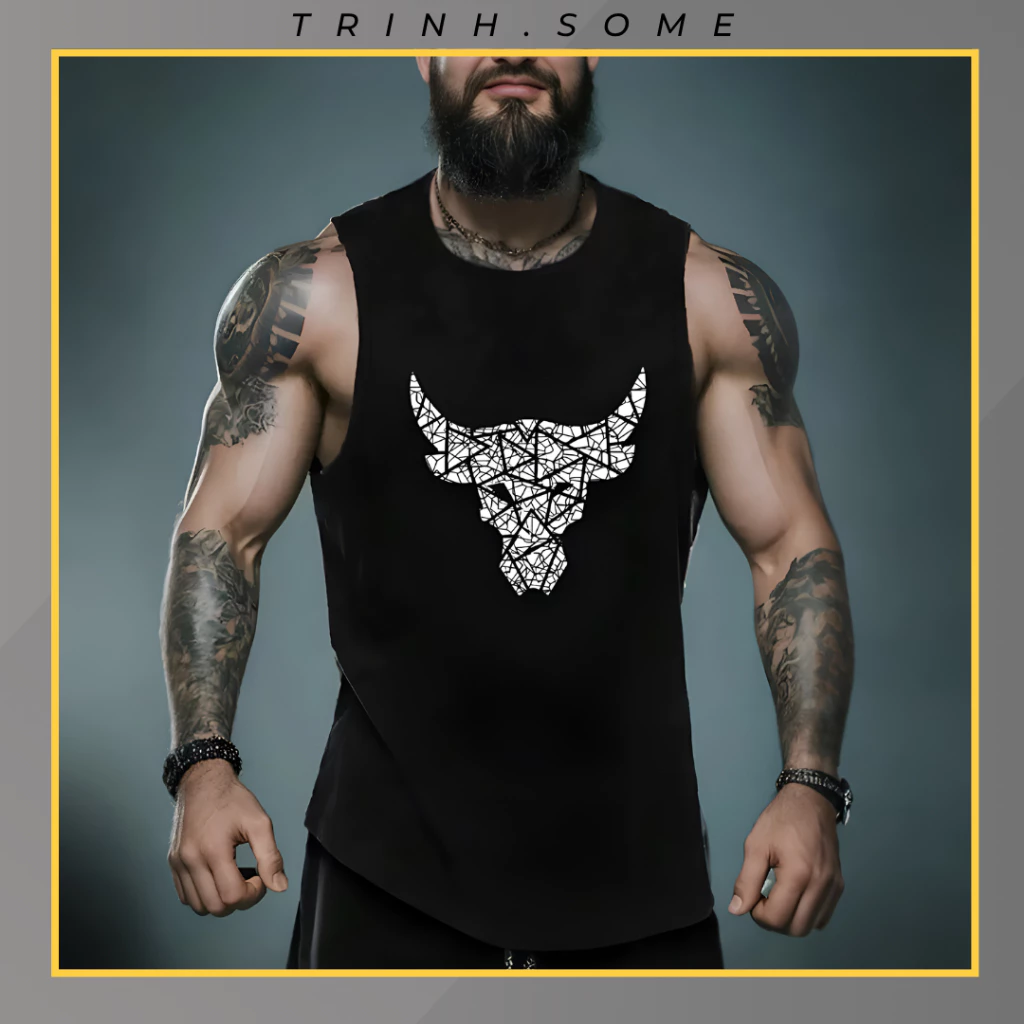 Áo Ba Lỗ Thể Thao Nam Áo Thun Tanktop Cổ Tròn Sát Nách Phong Cách Mạnh Mẽ In Hình Đầu Bò, Thoáng Khí, Nhanh Khô. MÃ: BL