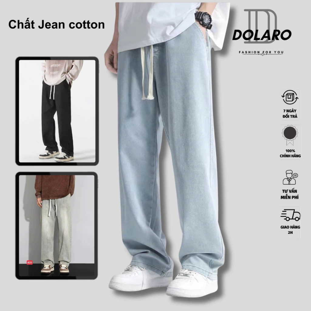 Quần jean ống rộng nam local brand DOLARO kèm dây rút bản lớn, quần ống suông nam basic đẹp