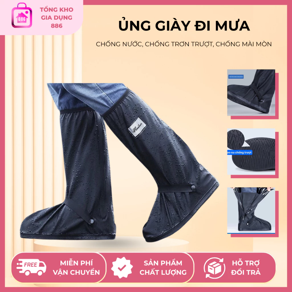 Ủng Đi Mưa PVC Cao Cấp, Bọc Giày Cổ Cao Chống Thấm Nước 100%, Đế Cao Su Chống Trơn Trượt, Khoá Kéo 2 Lớp, Tái Sử Dụng Bề