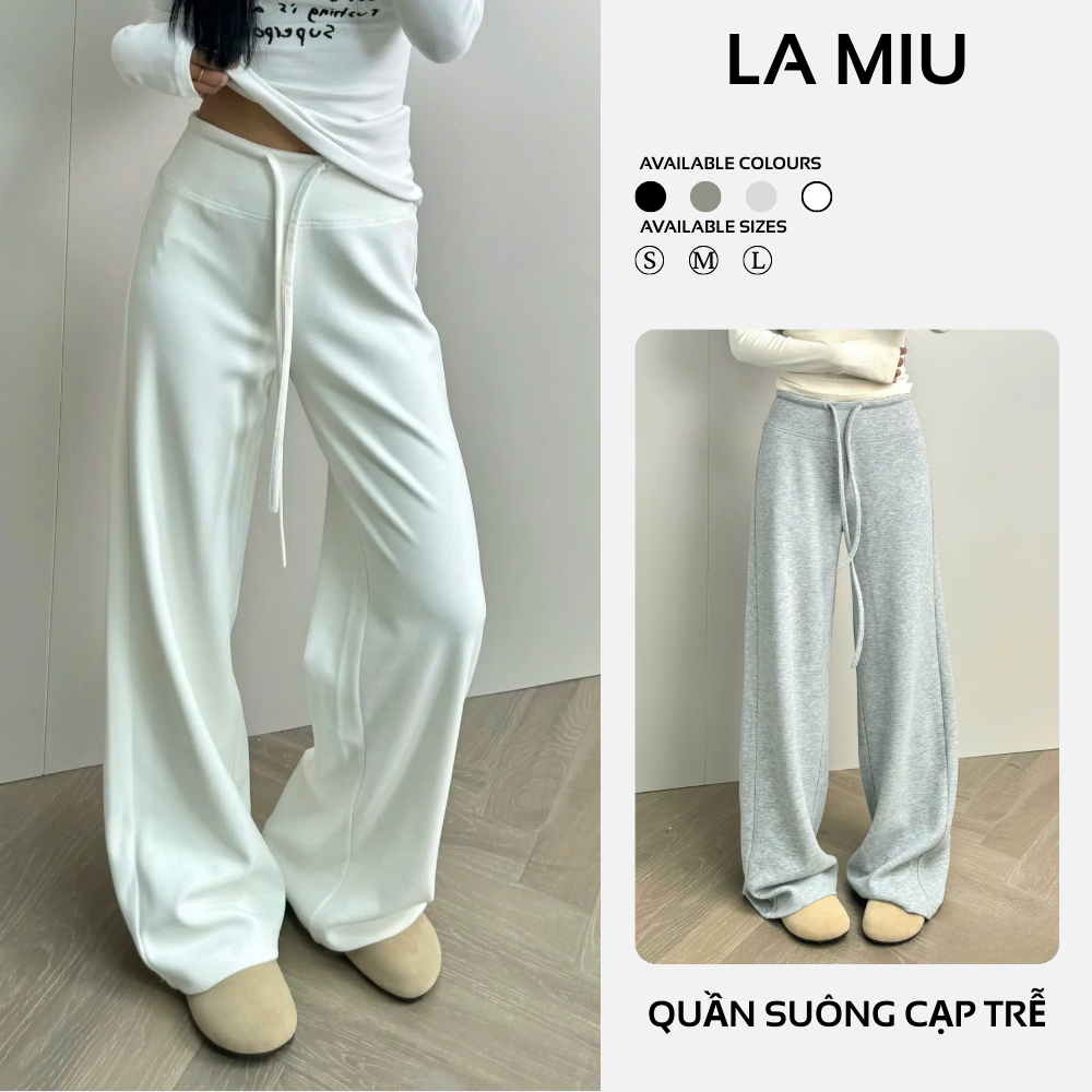 LA MIU - Quần suông nữ dài cạp trễ chất mì nỉ phối dây rút eo, không lộ, hack…