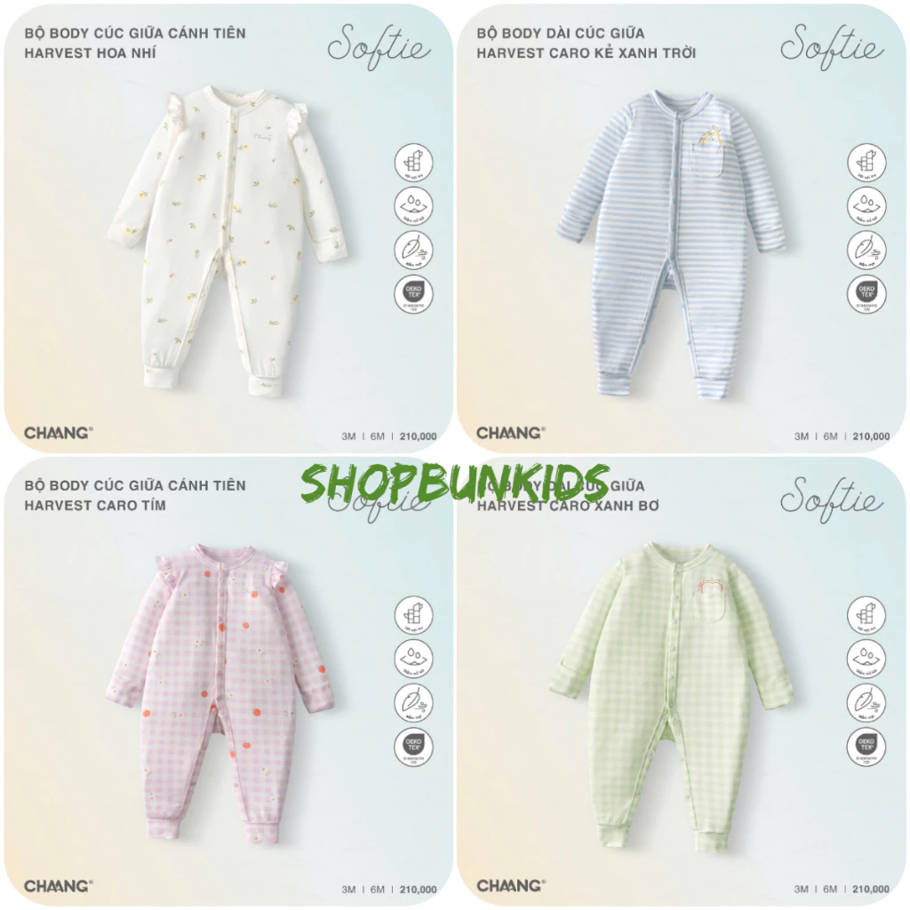Body dài sơ sinh CHAANG vải cotton mỏng mát thấm hút mồ hôi cho bé ( KHÔNG KÈM MŨ TAY CHÂN ) Bodysuit Body suit dài tay