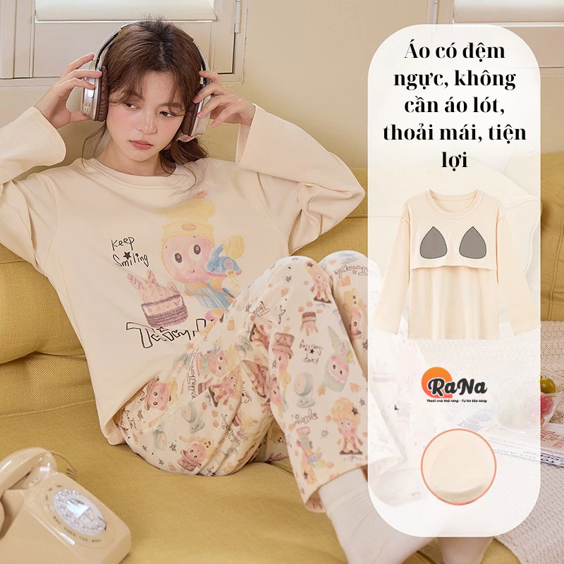 Pijama Nữ Dài Tay Với Đệm Ngực RaNa Tự Tin Di Chuyển Mà Không Cần Áo Ngực