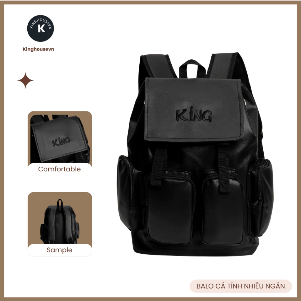 Balo Da King 4 Thiêu Trên - Backpack Unisex Chống Nước - Màu Đen - Họa Tiết Thiêu Trên