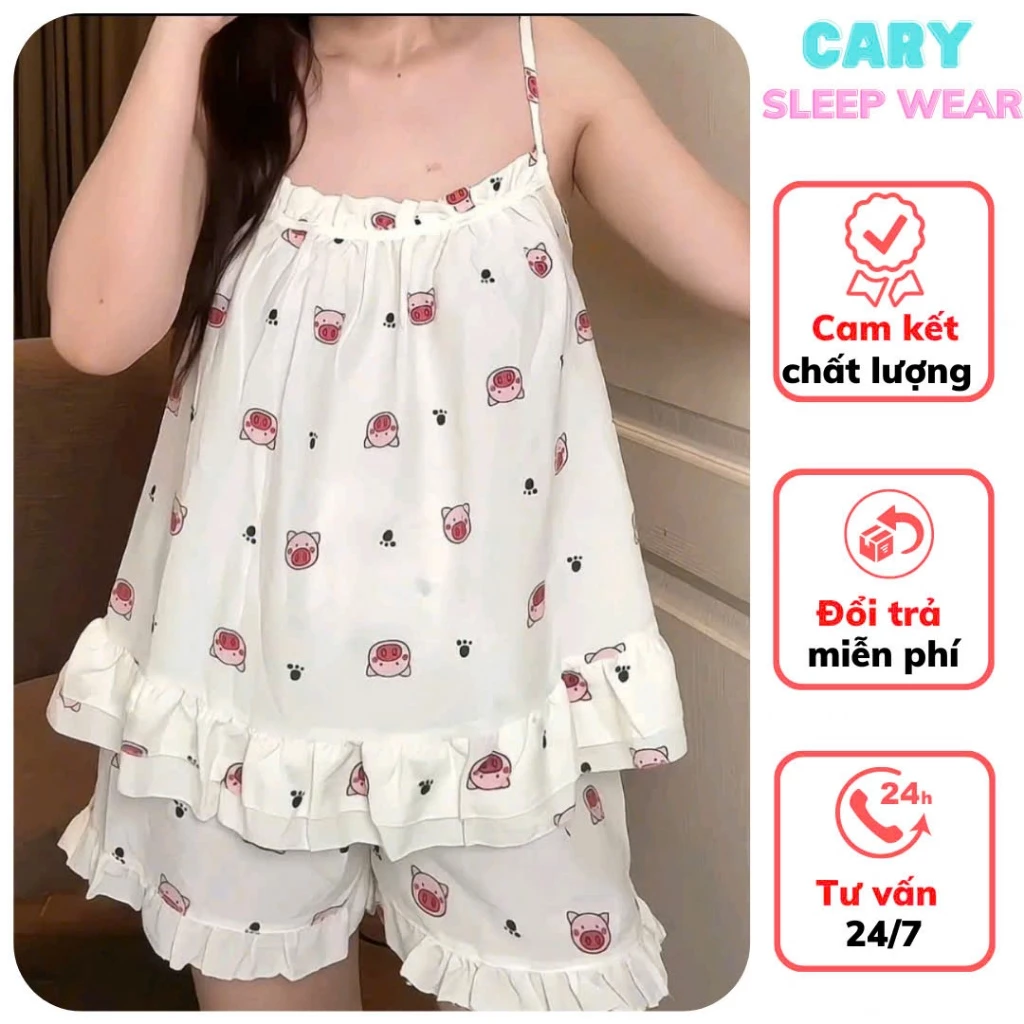 Bộ đồ ngủ mặc nhà hai dây quần cộc chất mát, set bộ 2 dây đũi xốp mặc nhà mùa hè họa tiết hoạt hình dễ thương CARY