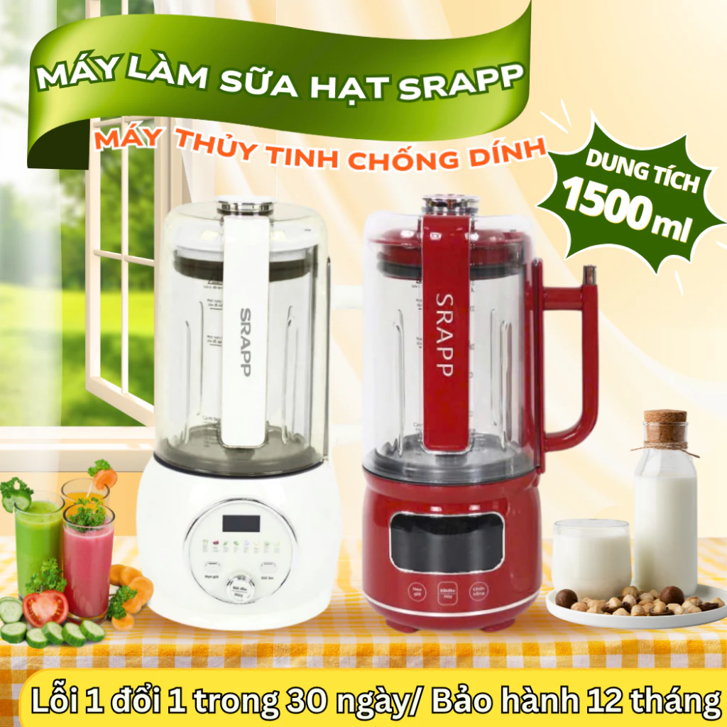 Máy làm sữa hạt SRAPP 1.5L, cối thủy tinh chống ồn,8 chế độ nấu xay hạt nhuyễn mịn, vệ sinh tự động