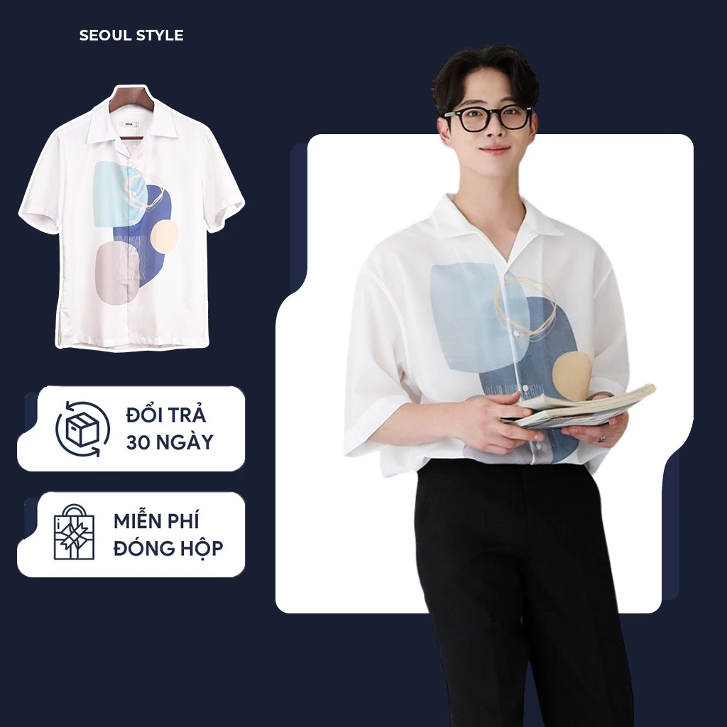 Áo sơ mi nam ngắn tay họa tiết in hình SEOUL vải cotton lụa mềm mại, không nhăn, phom dáng trẻ trung