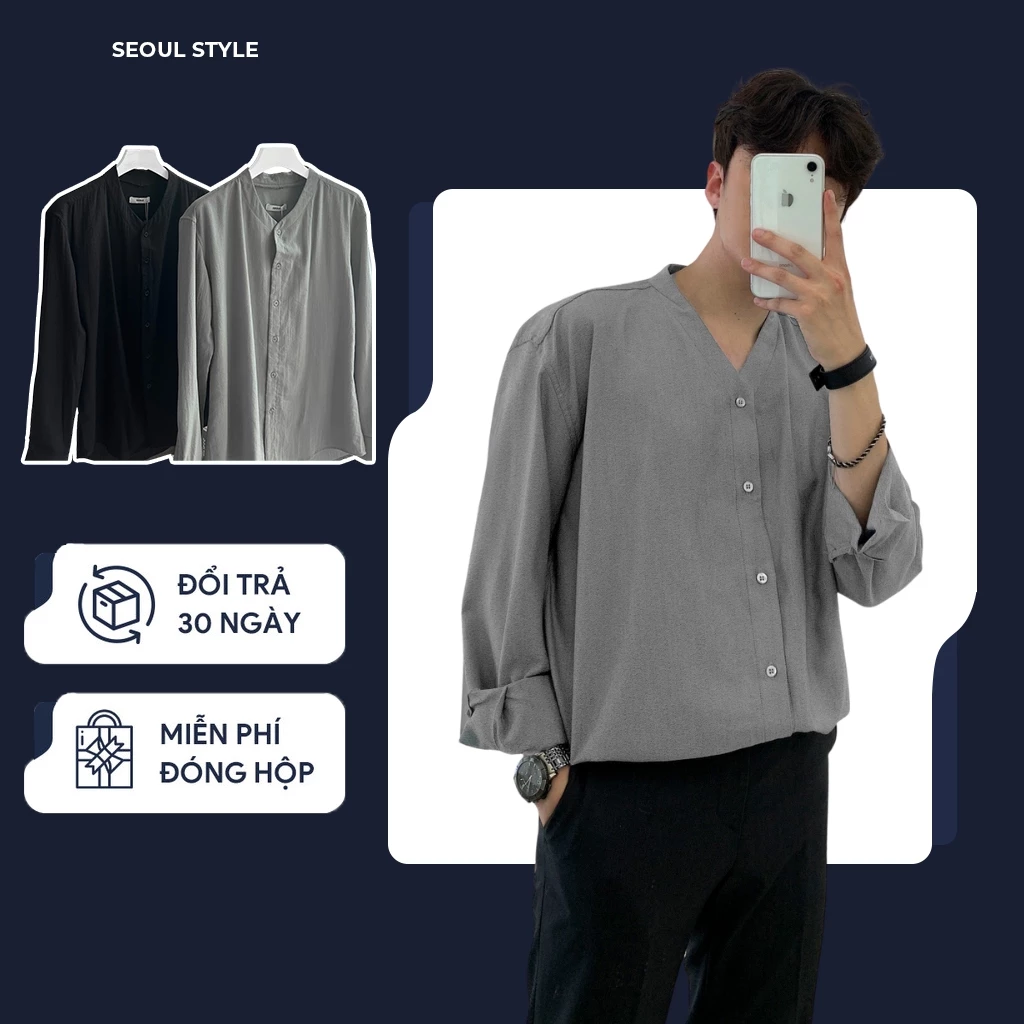 Áo sơ mi nam dài tay cổ tim SEOUL, vải LINEN cao cấp phom dáng hàn quốc thoải mái, thấm hút cực tốt