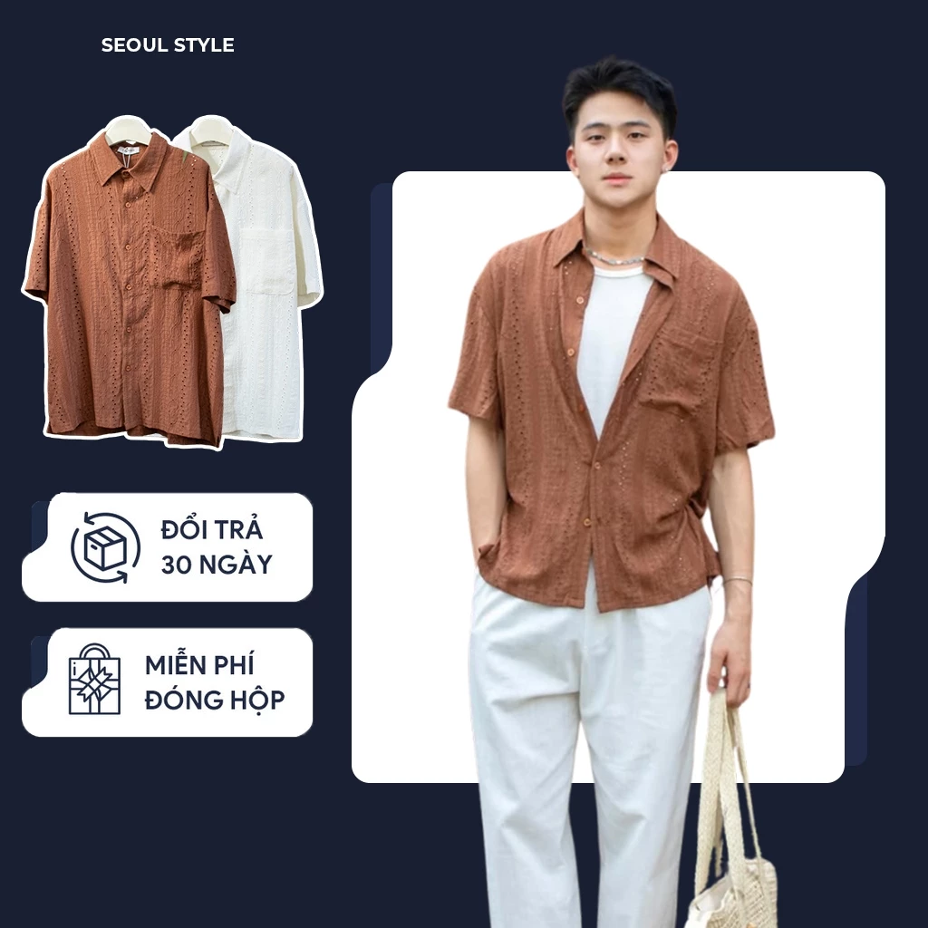 Áo sơ mi nam Textured tay ngắn dệt lưới đi biển dáng rộng họa tiết- mềm mịn, form Hàn Quốc - SEOUL