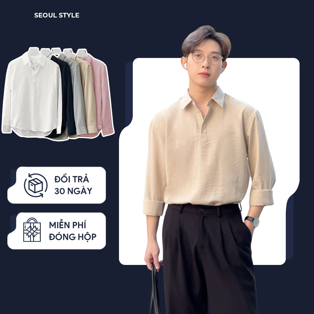 Áo sơ mi nam cổ V bẻ tay dài SEOUL vải Linen cao cấp phom dáng thoải mái, thấm hút mồ hôi cực tốt