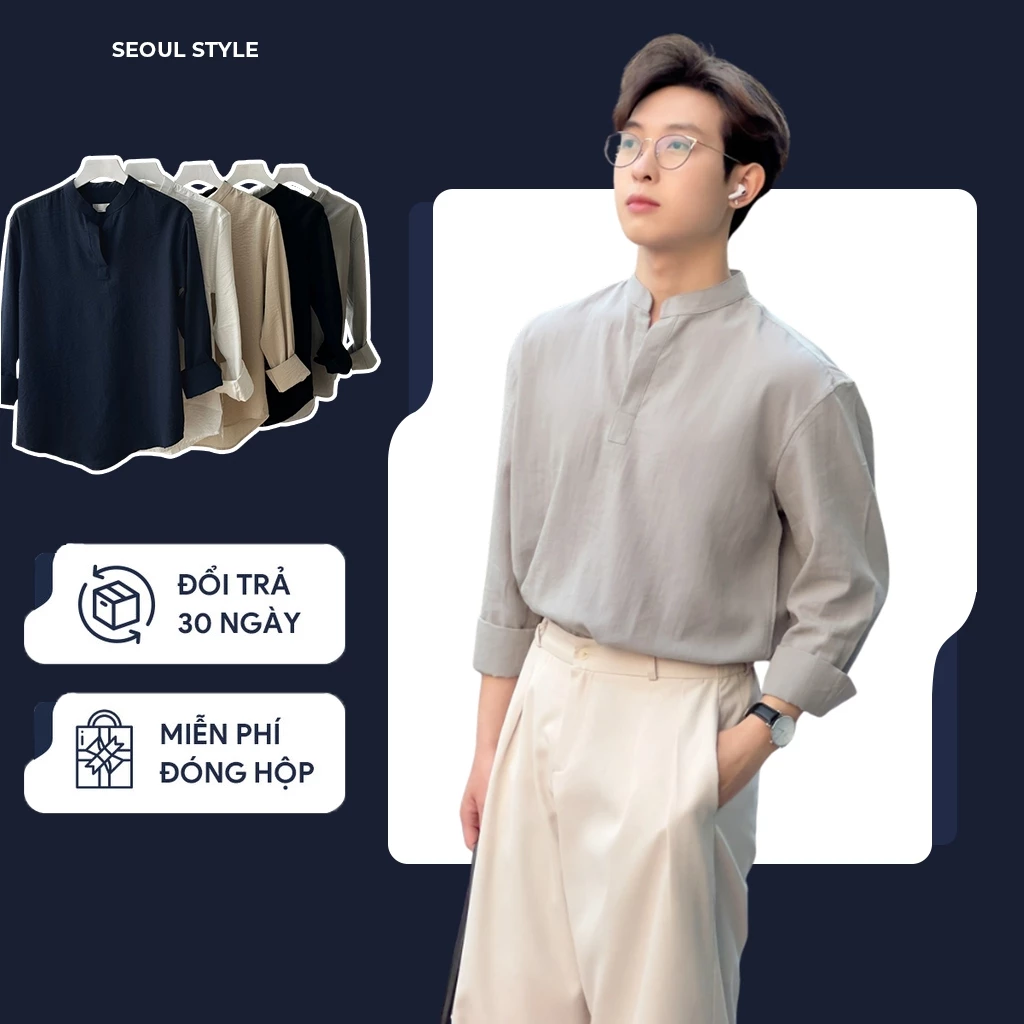 Áo sơ mi nam dài tay SEOUL vải đũi xước cao cấp, cổ V trụ nam tính, phom dáng trẻ trung, thanh lịch
