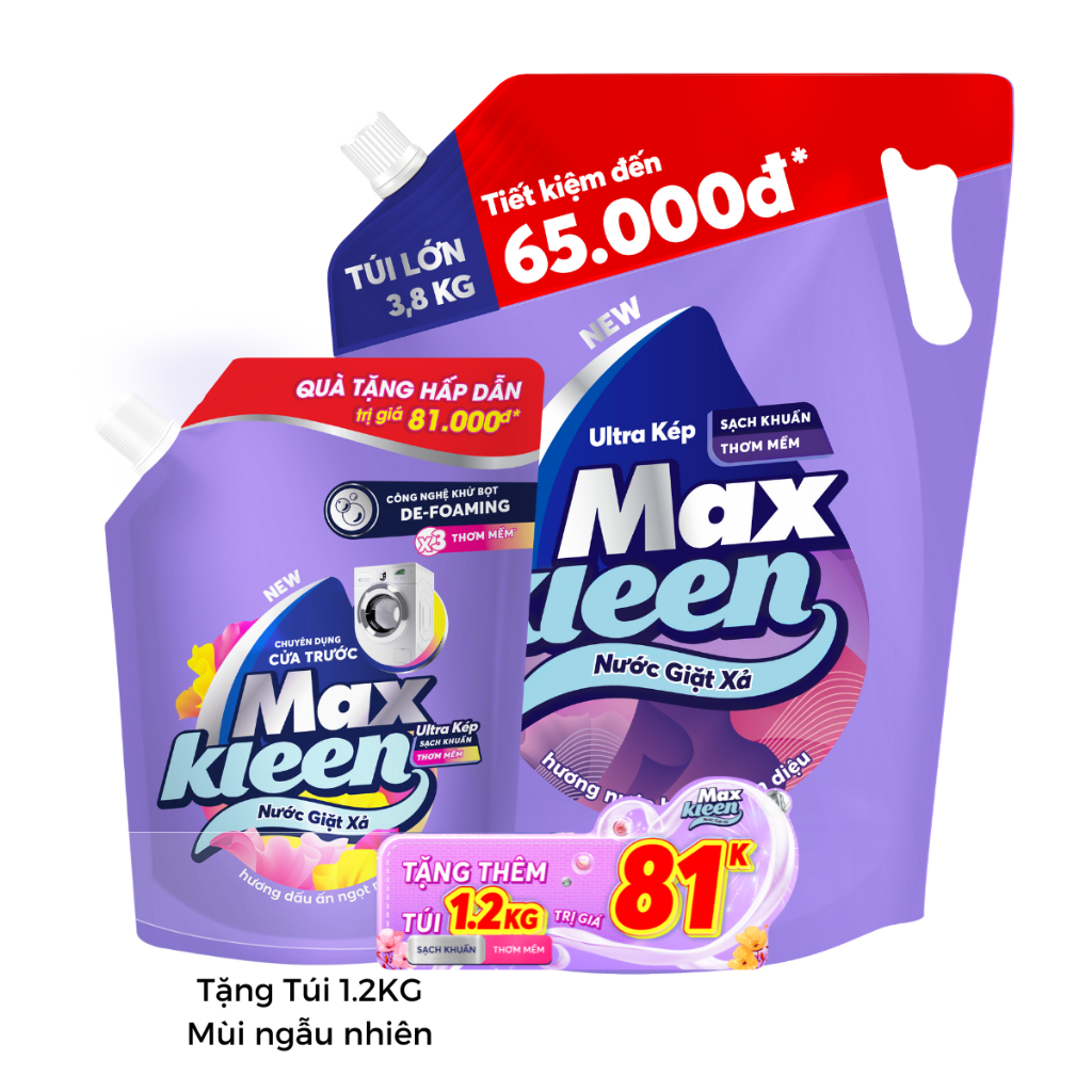 Combo Túi Nước Giặt Xả MaxKleen 3.8kg + Túi Nước Giặt Xả 1.2kg Mùi ngẫu nhiên