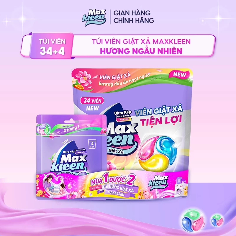 [ĐỘC QUYỀN SVIP] Combo Túi 34 Viên Giặt Xả MaxKleen + Túi 4 viên mùi ngẫu nhiên