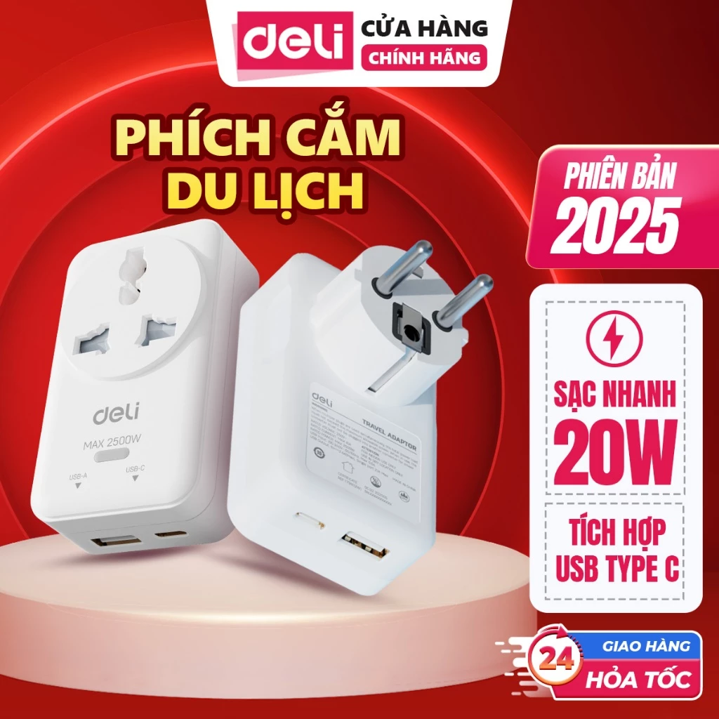 Ổ Cắm Du Lịch Deli – Ổ Cắm Quốc Tế Đa Năng Chuyển Đổi Phích, Sạc Nhanh 20W Tích Hợp Type C USB