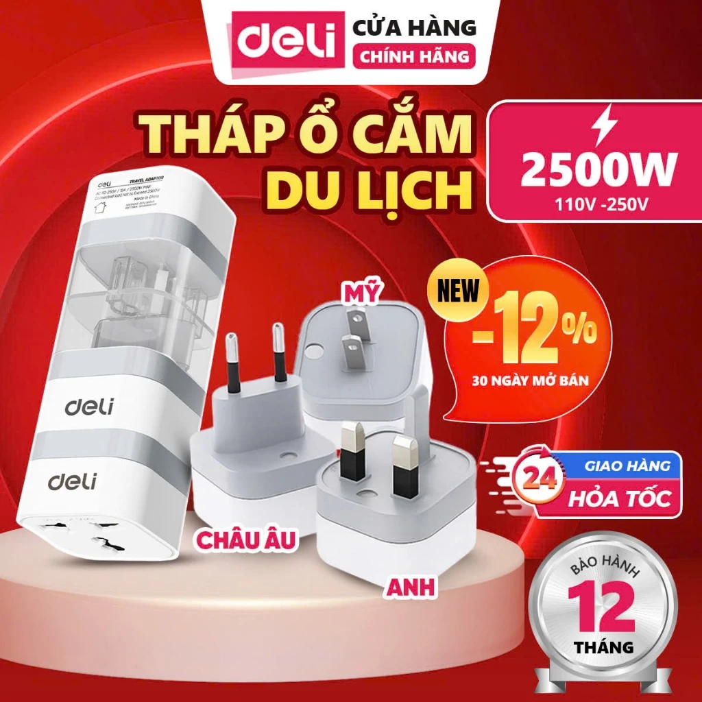 Ổ Cắm Chuyển Đổi Deli - Phích Cắm Điện Đầu Chuyển Đổi Chân Dẹt Sang Chân Tròn, Nhỏ Gọn Tiện Dụng