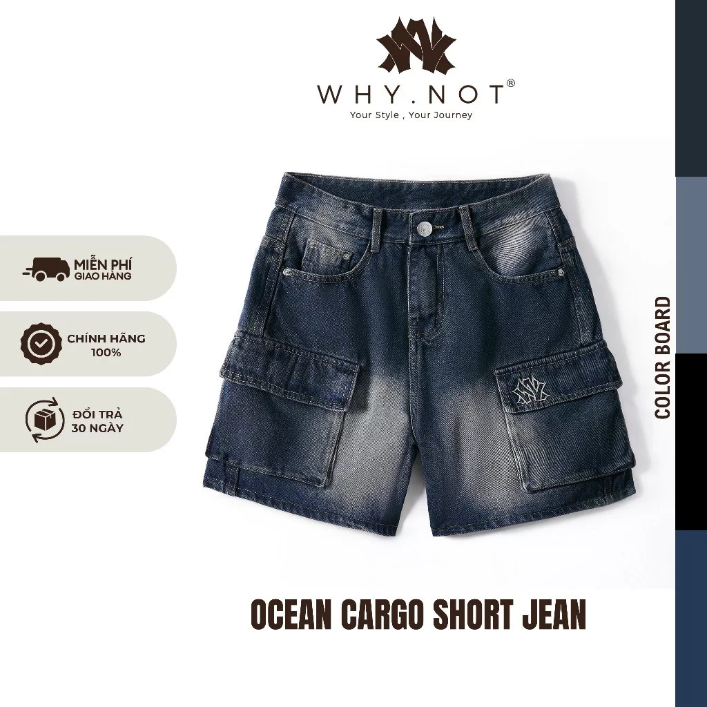 [Có Bigsize] Quần Short Nam Túi Hộp Màu Xanh Đậm WHY.NOT - Quần Short Jean Nam Ocean Cargo Short
