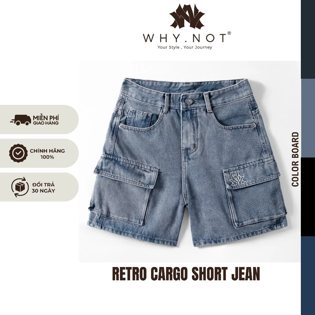 [Có Bigsize] Quần Short Nam Túi Hộp Màu Xanh Retro WHY.NOT - Quần Short Jean Nam Retro Cargo Short