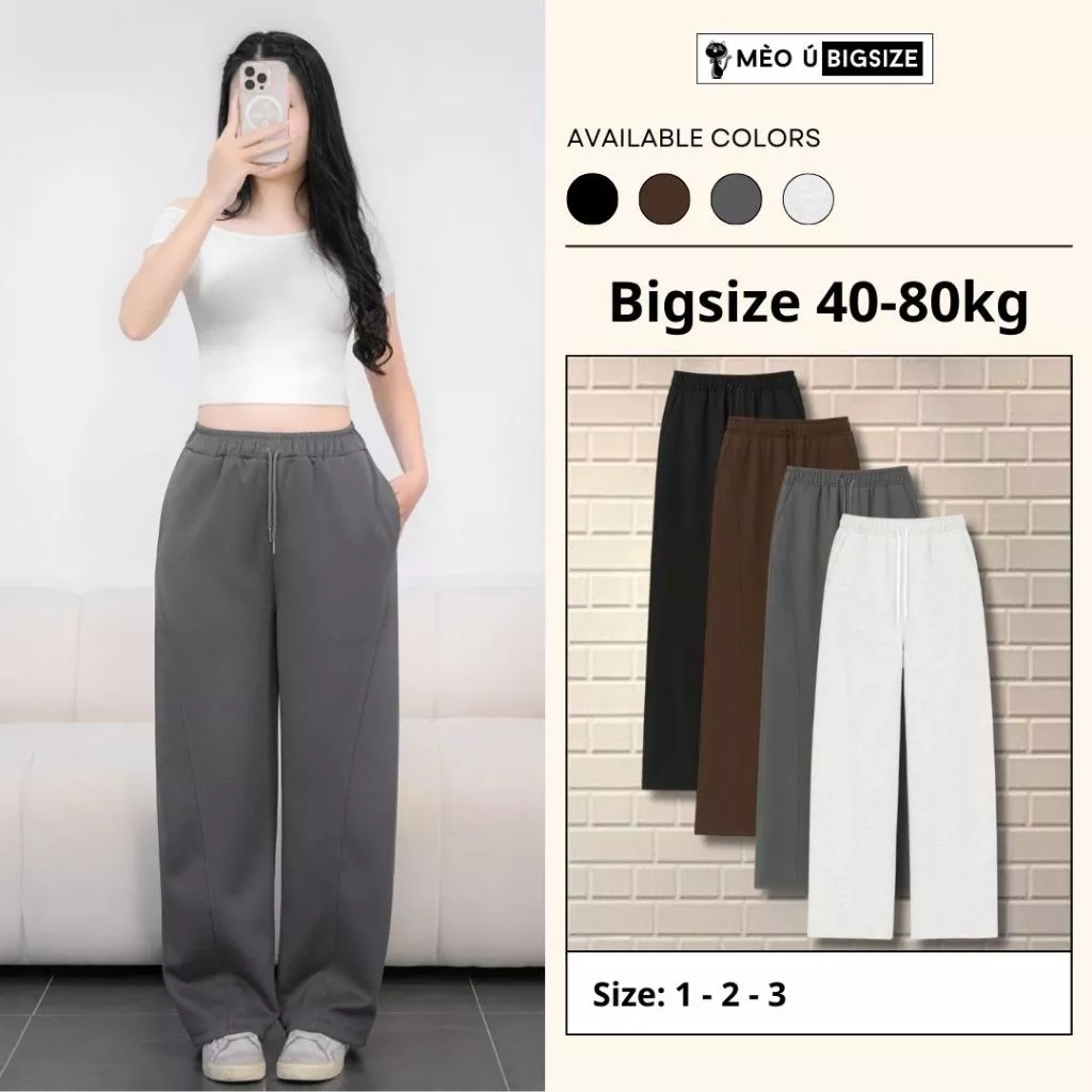 Quần dài nữ BIGSIZE Mèo Ú quần suông ống rộng cạp chun kèm dây rút chất vải nỉ 2 da dày dặn 9900