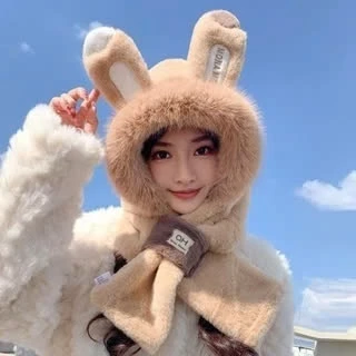 【Hwang】Mũ lông cừu nữ ''' Tai Thỏ''' Xinh- Nón len trùm đầu mùa đông kèm khăn quàng cổ giữ ấm thời trang