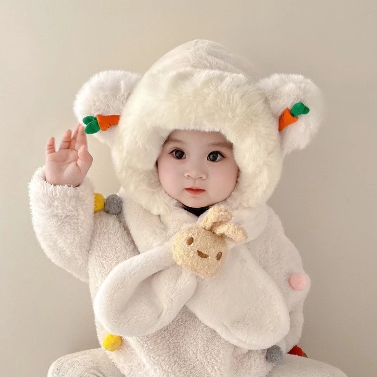 【Hwang】Mũ Len Trùm Đầu Đính "Tai Cà Rốt" - Mũ Nón Len Liền Khăn Quàng Lông Thỏ Giữ Ấm Mùa Đông Đáng Yêu Cho Bé