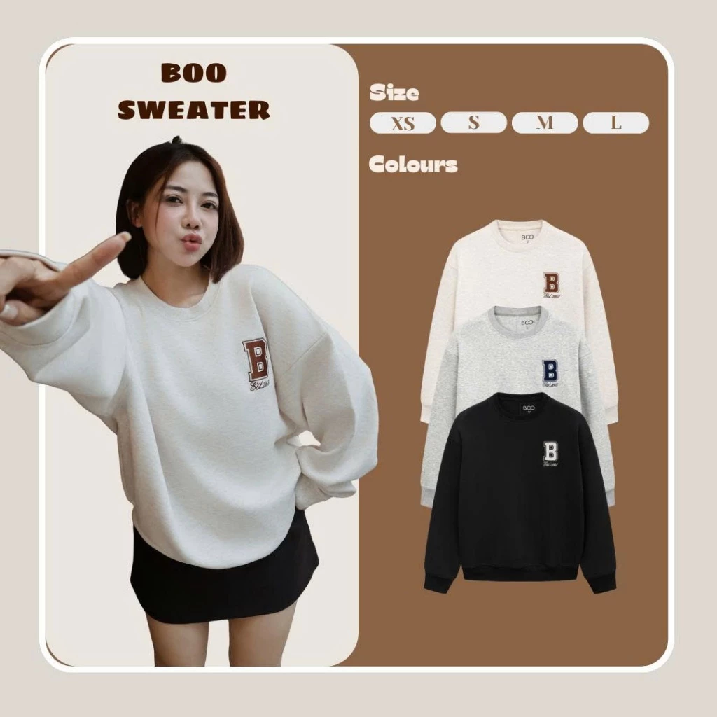 Áo Nỉ Không Mũ BOO Form Overfit Thêu Logo BOO Basic Cá Tính
