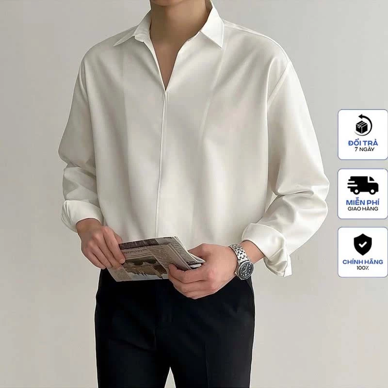 Áo Sơ Mi Nam SOLADO Phong Cách Hàn, Form Rộng Cổ V Không Nút, Vải Lụa Cao Cấp SMV