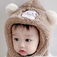 【Hwang】Mũ len mùa đông hình bò sữa đáng yêu - Mũ nón ông cừu kèm khăn cổ nỉ bông giữ ấm cho bé từ 1-6 tuổi