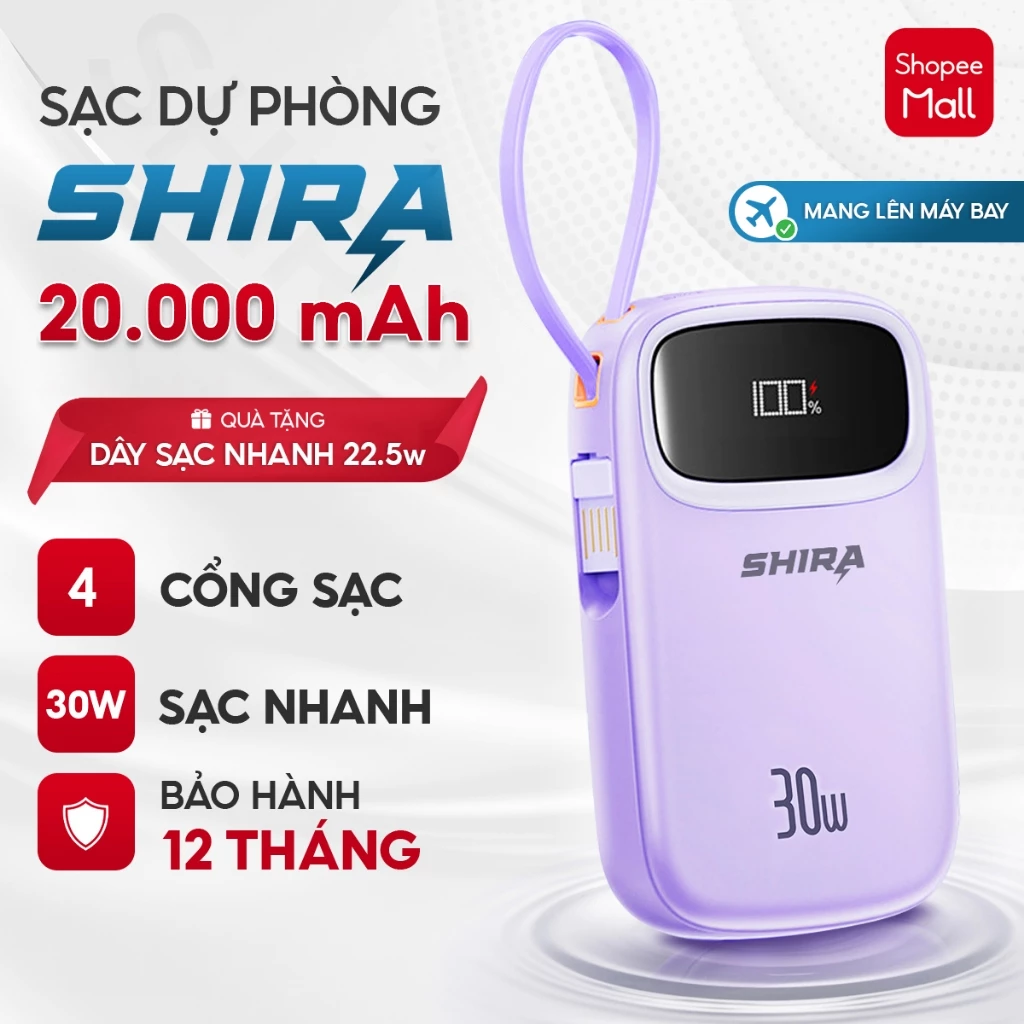 Sạc nhanh SHIRA 20000 mAh, tích hợp 4 cổng sạc, màn hình LED, PD 22.5W, tiện lợi, BH 12 tháng