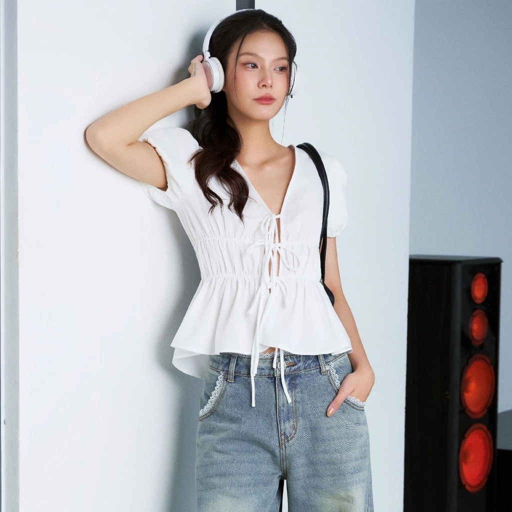 CARA Áo kiểu Tenner tay phồng buộc dây phía trước nữ tính