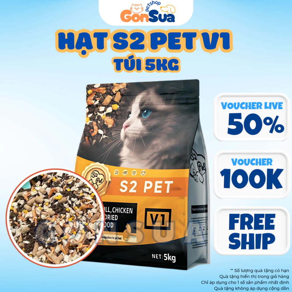 [TÚI 5KG] Hạt Mèo S2PET V1 Đạm 32%, Mix Thịt Đông Khô, Kích Thích Thèm Ăn, Dinh Dưỡng Toàn Diện