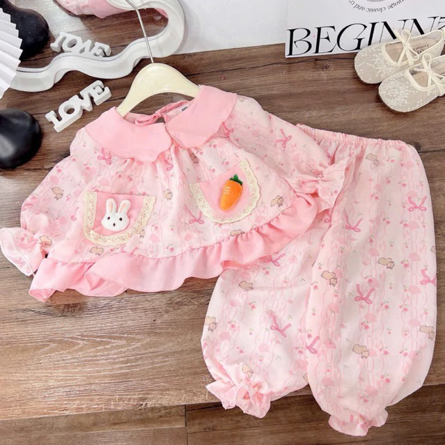 Đồ bộ cho bé gái sz 8-18kg đính phụ kiện nổi, bộ pijama cho bé gái chất đũi mềm