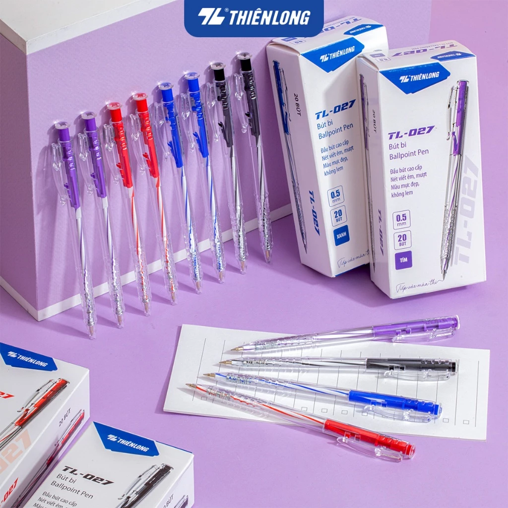 Combo 5/10/20 Bút bi Thiên Long TL-027 mực xanh/đỏ/đen/tím ngòi 0.5mm, nét viết đều dành cho học sinh, văn phòng