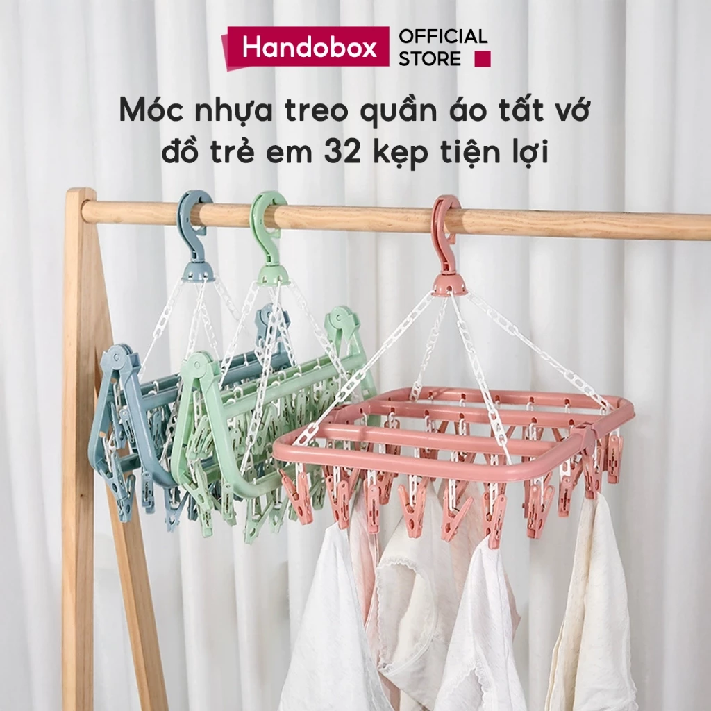Móc Treo Quần Áo Nhựa Xoay 360 Độ Gấp Gọn Handobox Móc Chùm 32 Kẹp Treo Đồ Lót Khăn Áo Bé Tiện Lợi