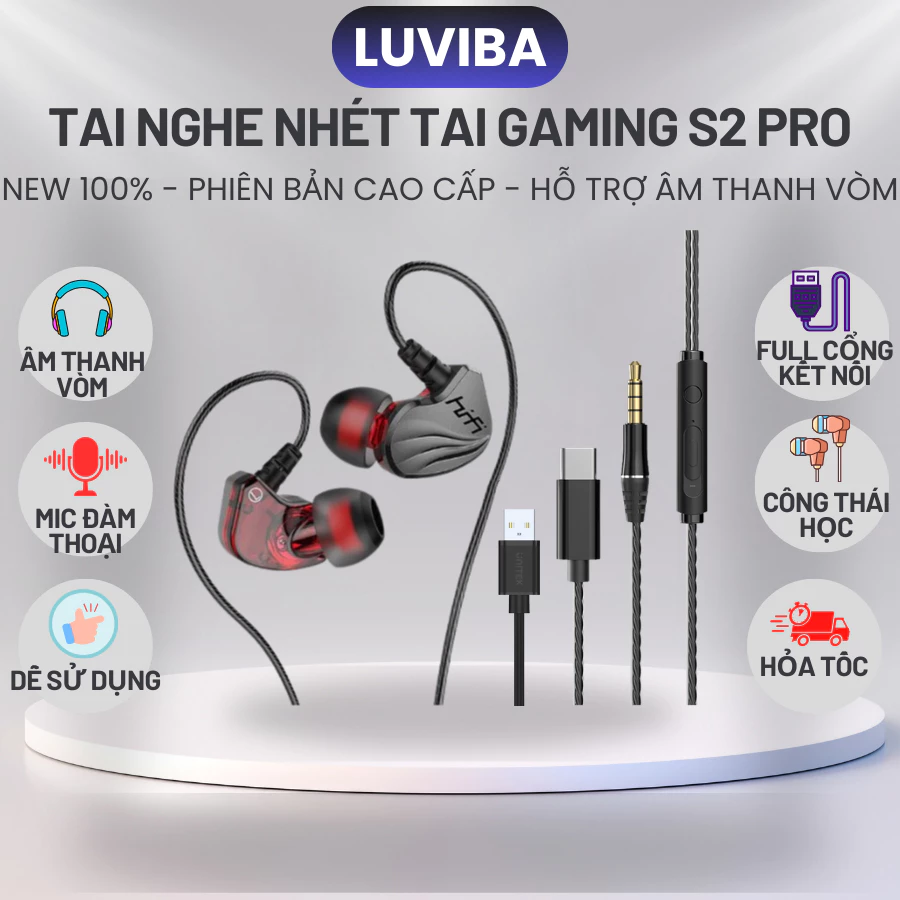 Tai nghe Gaming S2 Pro có dây cho pc laptop điện thoại, tai nghe nhét tai in ear dây dù có mic