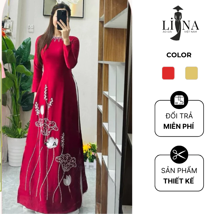 Áo Dài Cách Tân Mẹ Cổ Tròn 2 Tà Sang Trọng Họa Tiết Hoa Sen Tia Trúc Mặc Tết Đi Tiệc