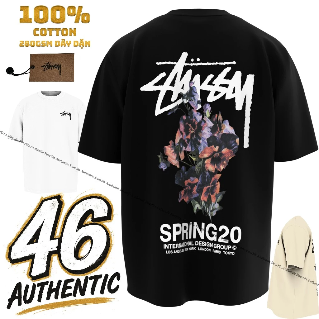 [Cao Cấp] Áo Thun Stu.ssy Floral Spring20 | 100% Cotton | 280GSM | Oversize | FourSix. Hàng QC -2026 -authentic
