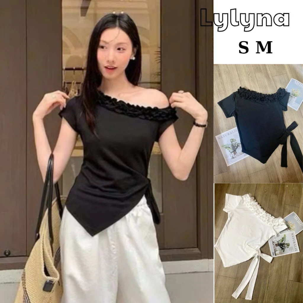 (Sẵn hàng, ảnh thật) Áo kiểu nữ trễ vai, áo lệch vai nữ cổ bèo, áo dây nơ -LYLYNA A41