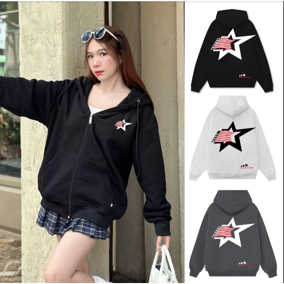 áo khoác hoodie zip Chất Liệu Nỉ Hình IN Ngôi Sao Lá Cờ Mỹ,Áo Hoodie zip Chuẩn From UNISEX NAM NỮ (có túi trong)