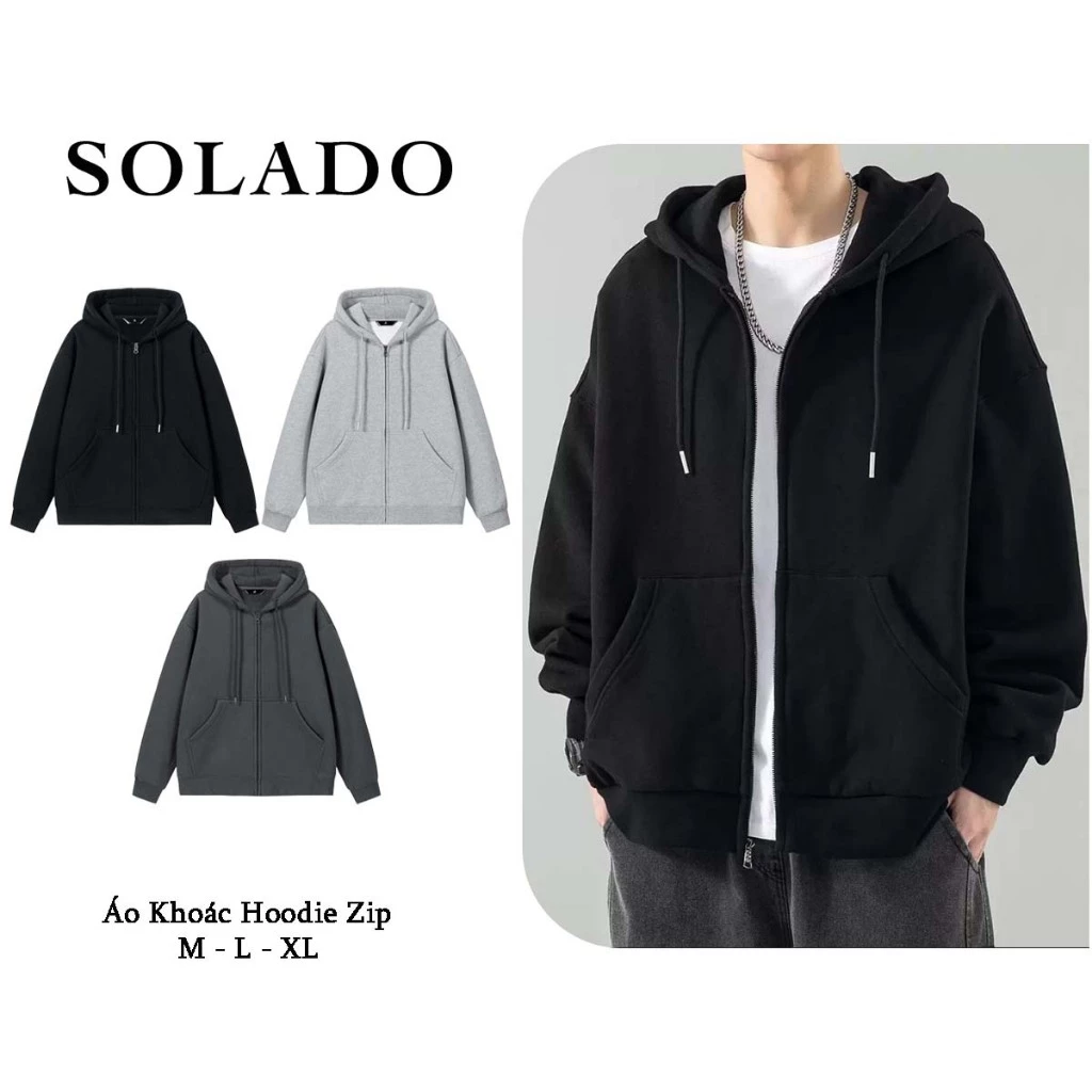 Áo Hoodie Zip SOLADO Form Rộng Nam Nữ Basic Vải Nỉ 2 Da Cotton Cao Cấp Chống Nắng Tốt Unisex LocalBrand HOODIE01